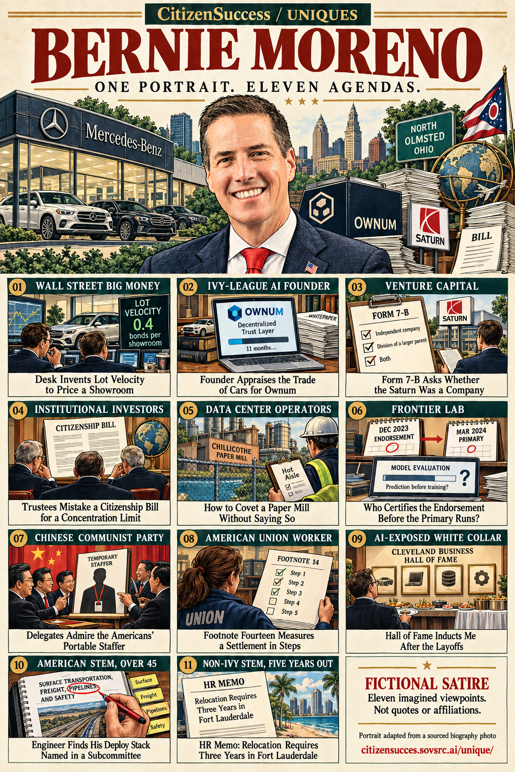 Satirical illustrated portrait of Bernie Moreno with eleven numbered institutional and worker perspectives. The complete perspectives are provided as text below.