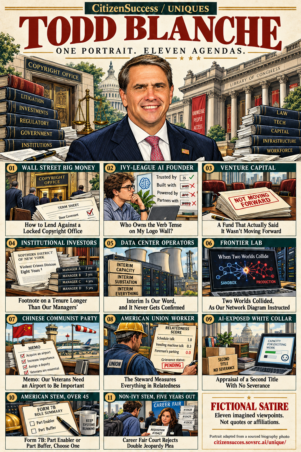 Satirical illustrated portrait of Todd Blanche with eleven numbered institutional and worker perspectives. The complete perspectives are provided as text below.