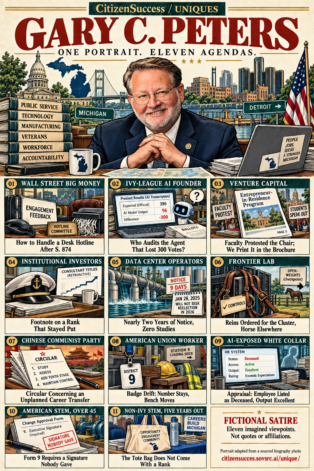 Satirical illustrated portrait of Gary C. Peters with eleven numbered institutional and worker perspectives. The complete perspectives are provided as text below.