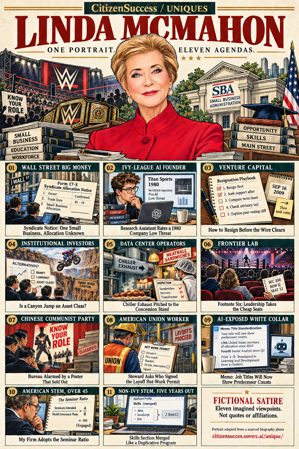 Satirical illustrated portrait of Linda McMahon with eleven numbered institutional and worker perspectives. The complete perspectives are provided as text below.