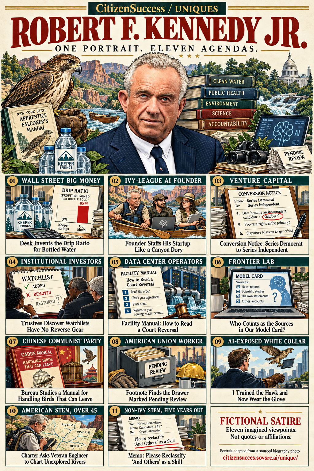 Satirical illustrated portrait of Robert F. Kennedy Jr. with eleven numbered institutional and worker perspectives. The complete perspectives are provided as text below.