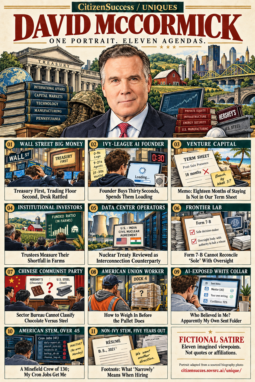 Satirical illustrated portrait of David McCormick with eleven numbered institutional and worker perspectives. The complete perspectives are provided as text below.