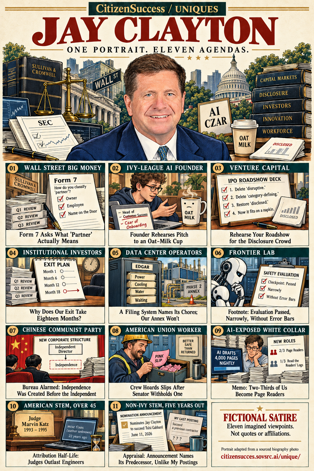 Satirical illustrated portrait of Jay Clayton with eleven numbered institutional and worker perspectives. The complete perspectives are provided as text below.