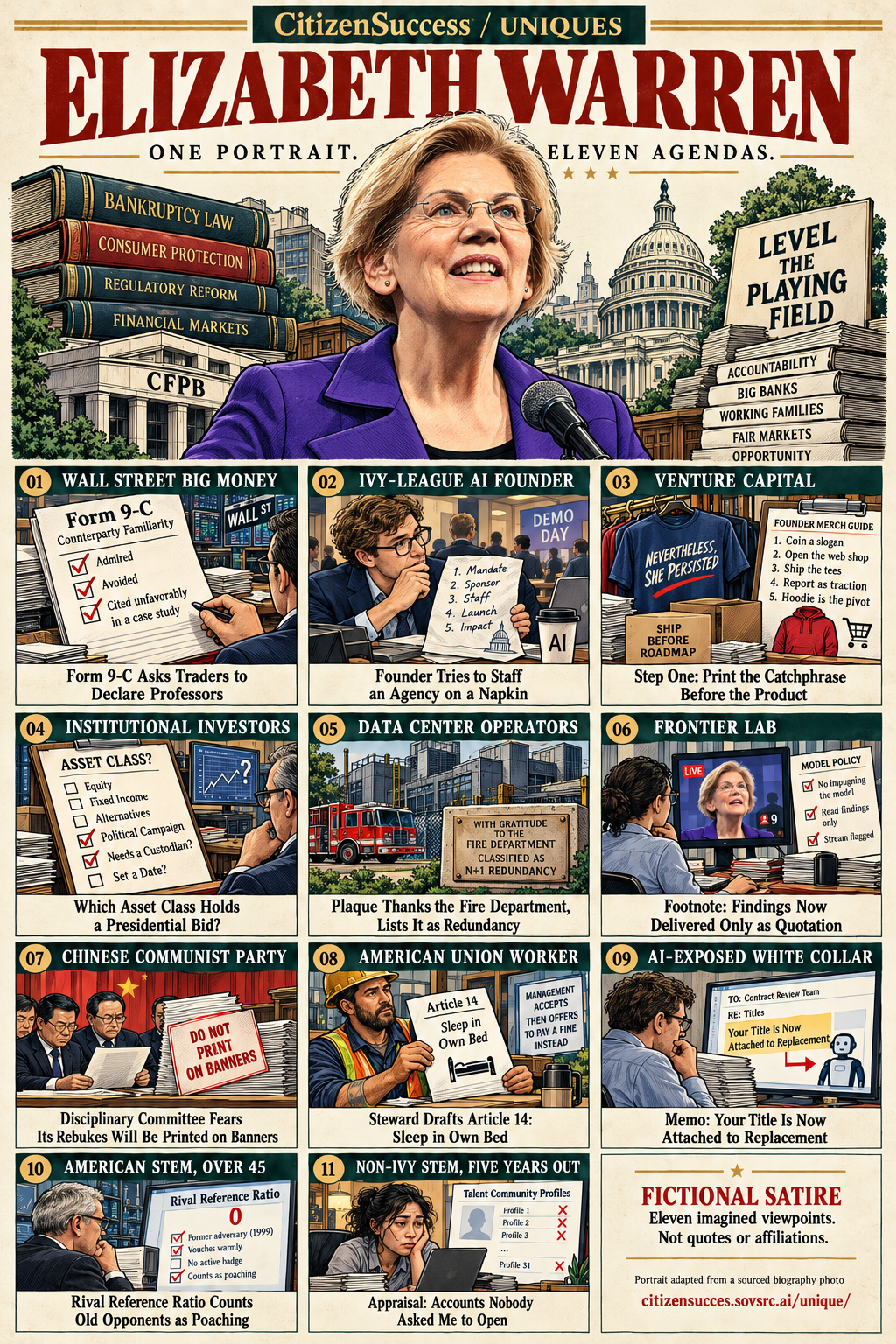 Satirical illustrated portrait of Elizabeth Warren with eleven numbered institutional and worker perspectives. The complete perspectives are provided as text below.