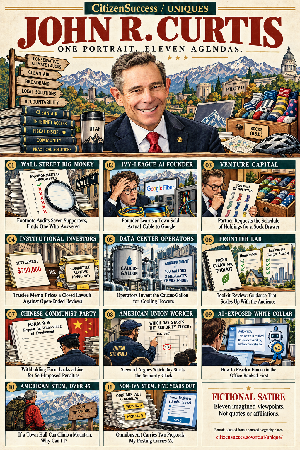 Satirical illustrated portrait of John R. Curtis with eleven numbered institutional and worker perspectives. The complete perspectives are provided as text below.