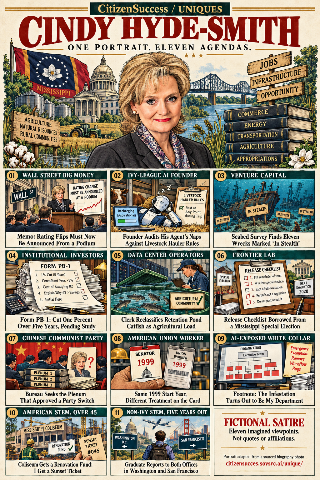 Satirical illustrated portrait of Cindy Hyde-Smith with eleven numbered institutional and worker perspectives. The complete perspectives are provided as text below.