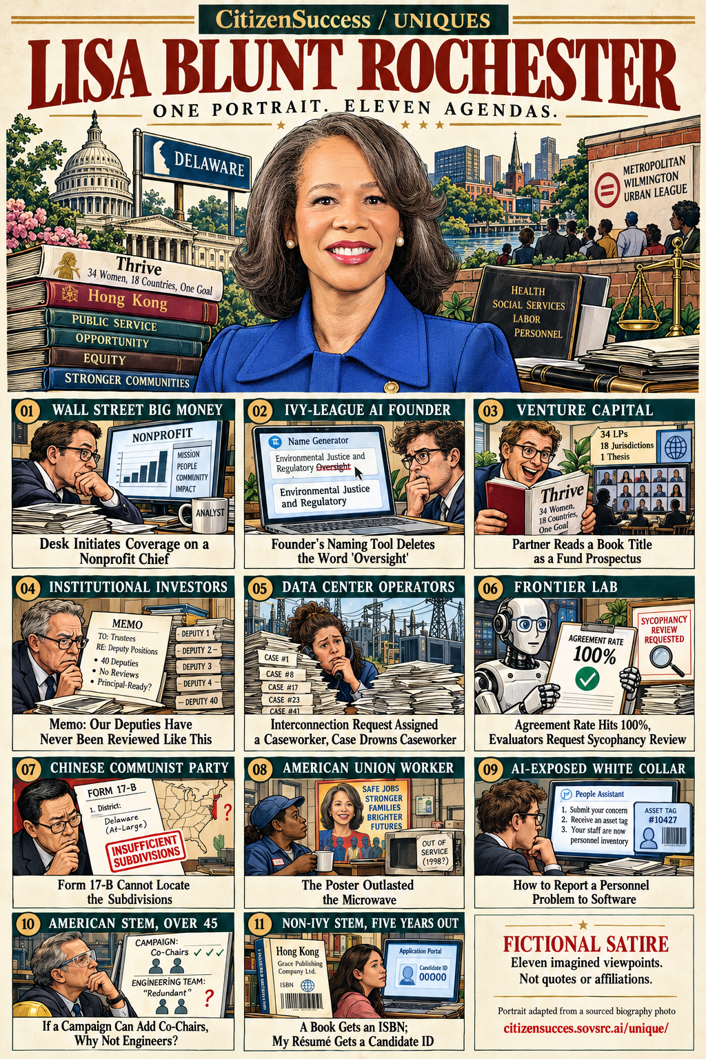 Satirical illustrated portrait of Lisa Blunt Rochester with eleven numbered institutional and worker perspectives. The complete perspectives are provided as text below.