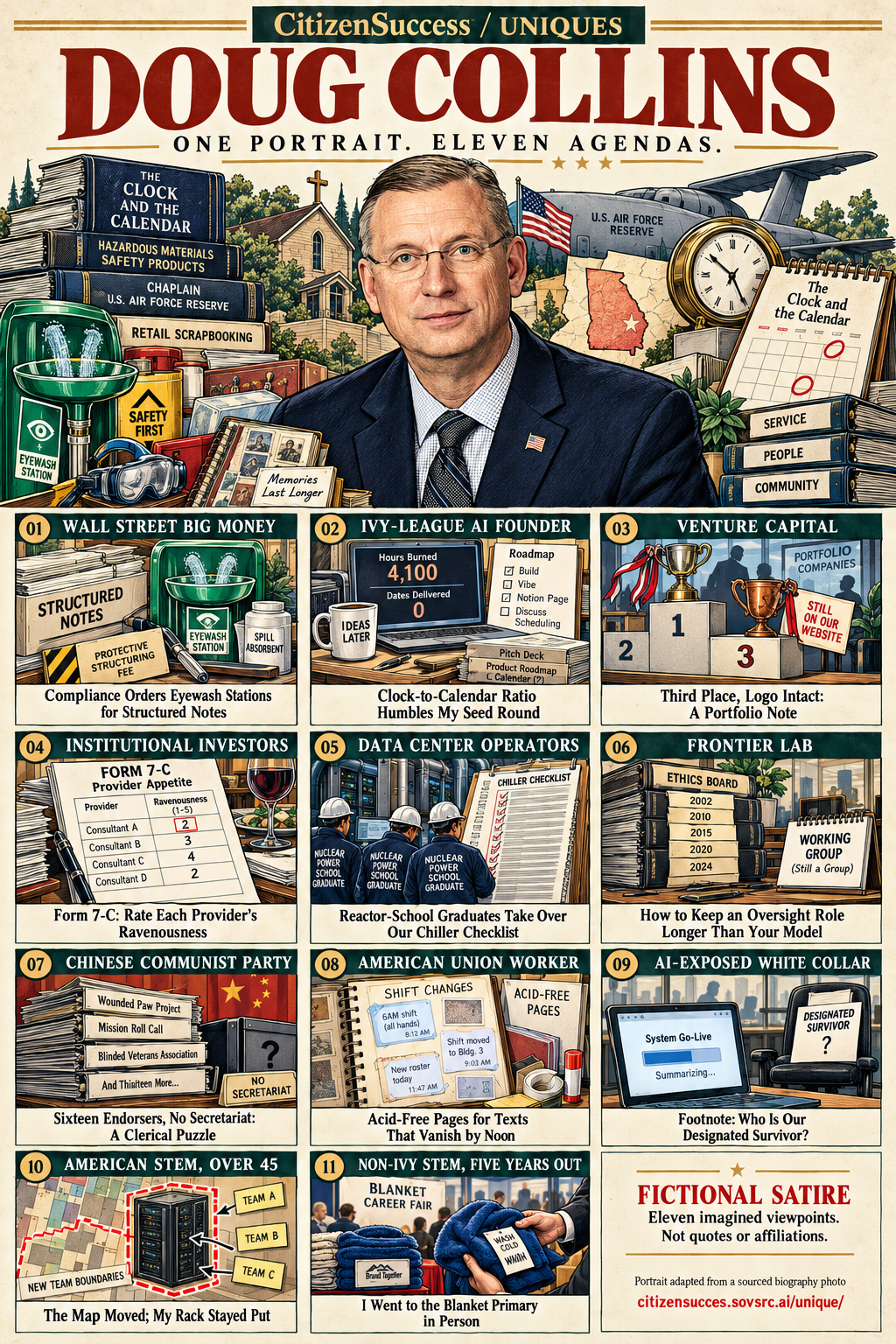 Satirical illustrated portrait of Doug Collins with eleven numbered institutional and worker perspectives. The complete perspectives are provided as text below.