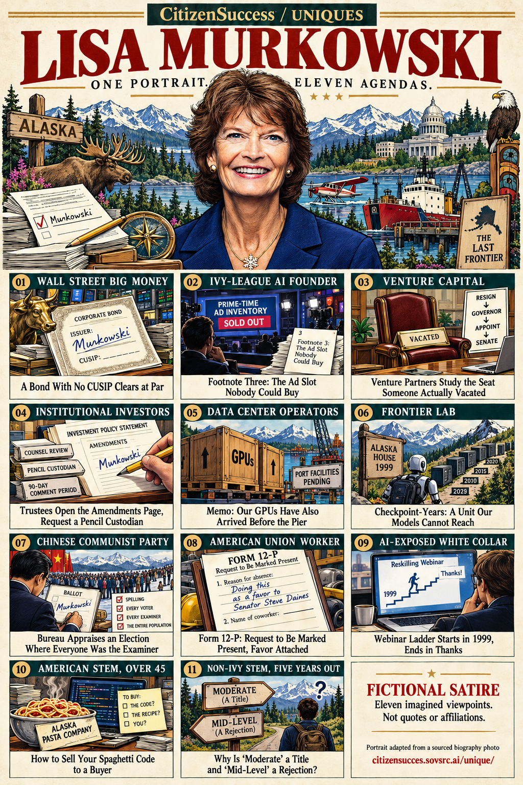 Satirical illustrated portrait of Lisa Murkowski with eleven numbered institutional and worker perspectives. The complete perspectives are provided as text below.