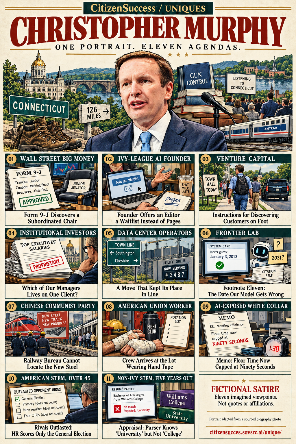 Satirical illustrated portrait of Christopher Murphy with eleven numbered institutional and worker perspectives. The complete perspectives are provided as text below.