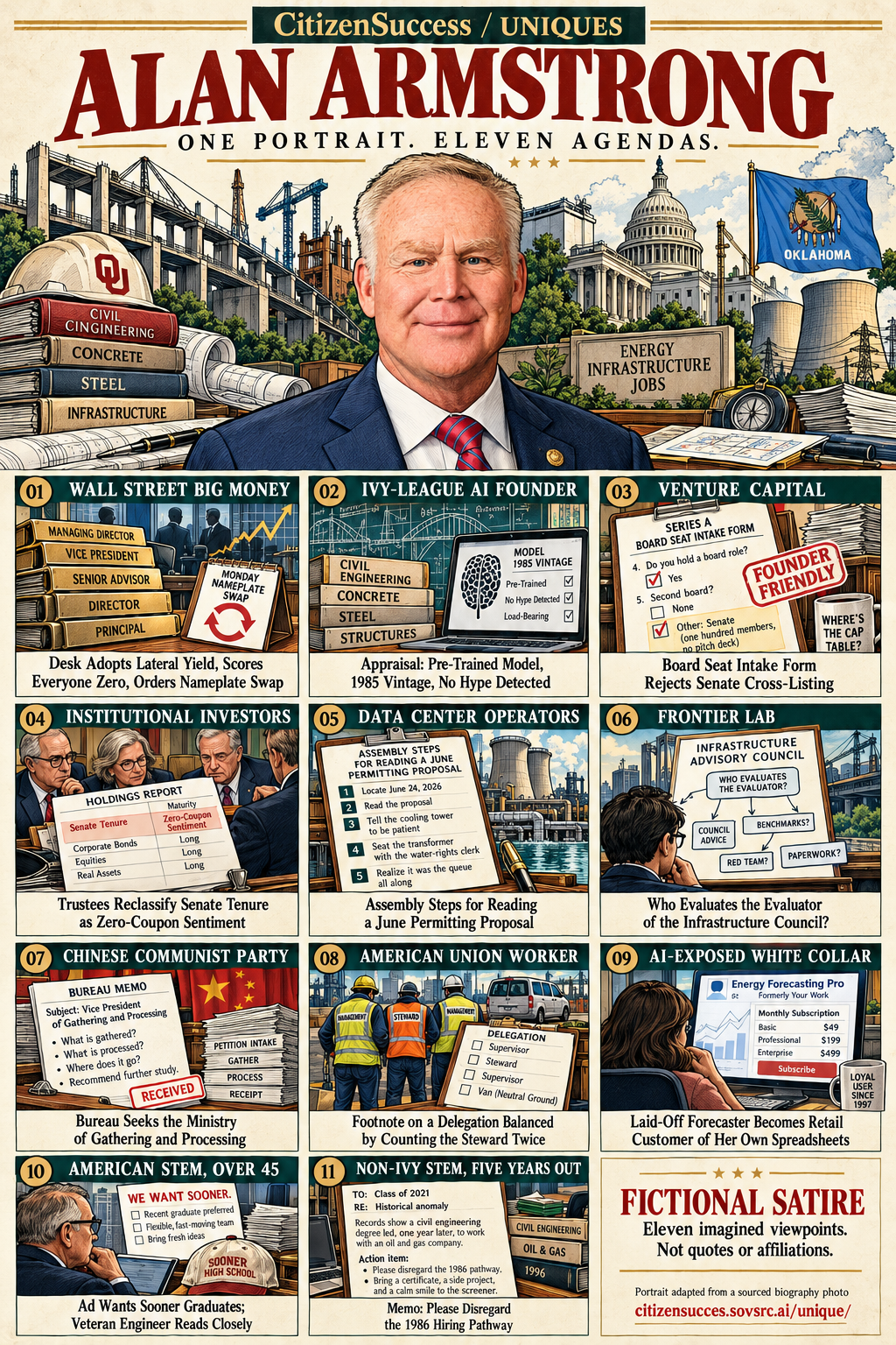 Satirical illustrated portrait of Alan Armstrong with eleven numbered institutional and worker perspectives. The complete perspectives are provided as text below.