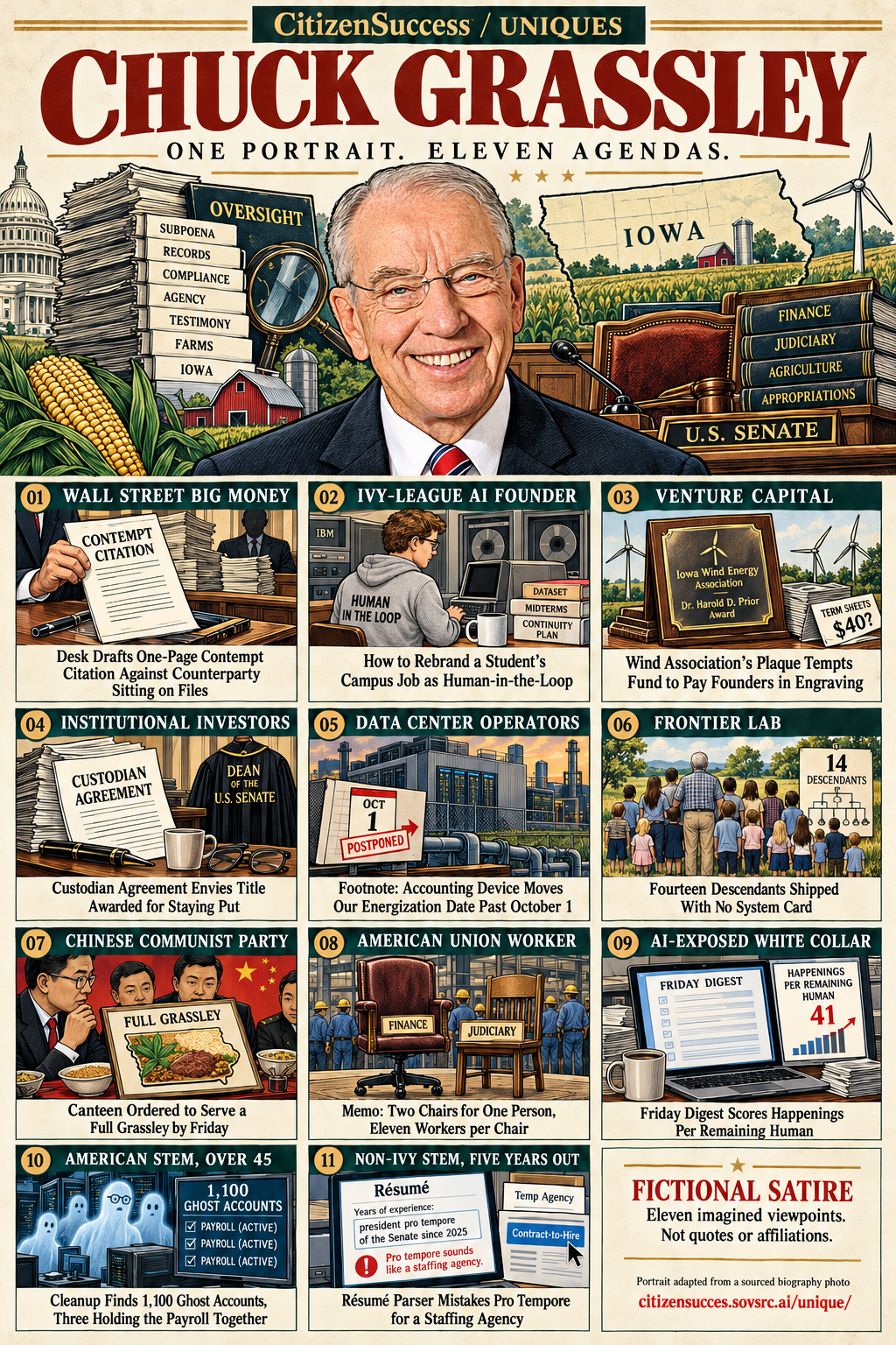 Satirical illustrated portrait of Chuck Grassley with eleven numbered institutional and worker perspectives. The complete perspectives are provided as text below.