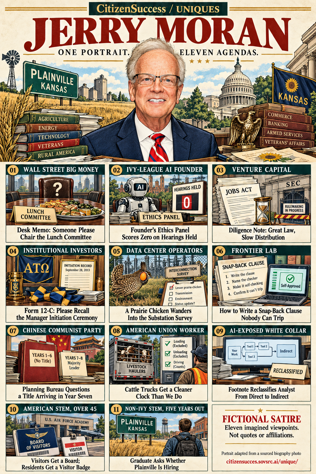 Satirical illustrated portrait of Jerry Moran with eleven numbered institutional and worker perspectives. The complete perspectives are provided as text below.