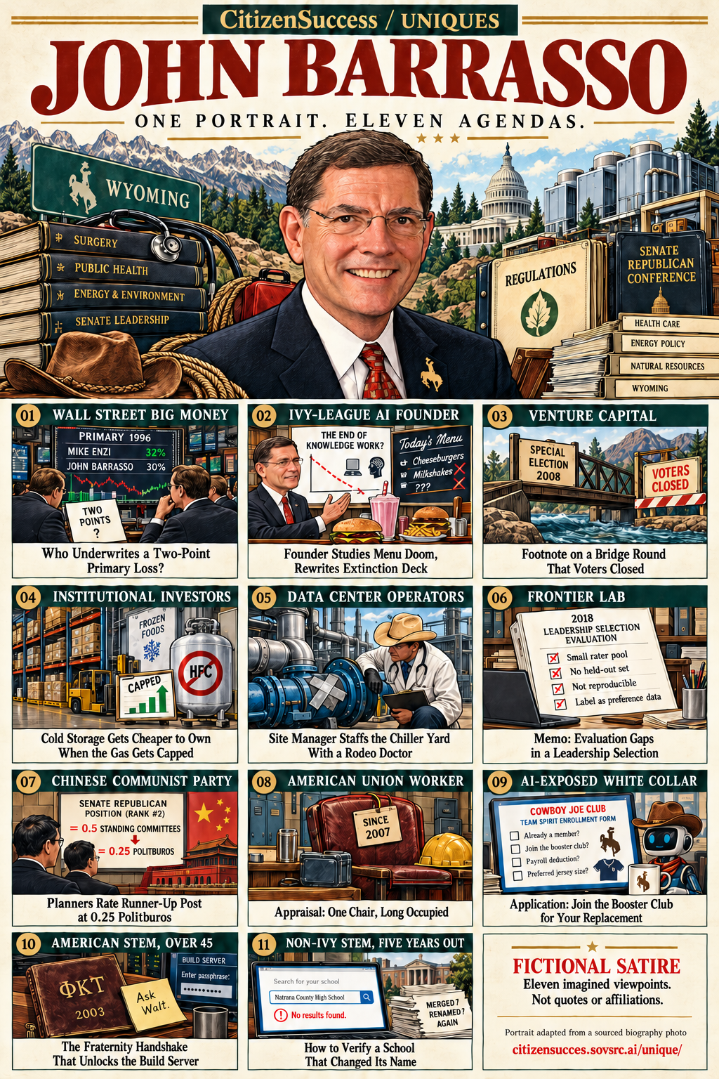 Satirical illustrated portrait of John Barrasso with eleven numbered institutional and worker perspectives. The complete perspectives are provided as text below.