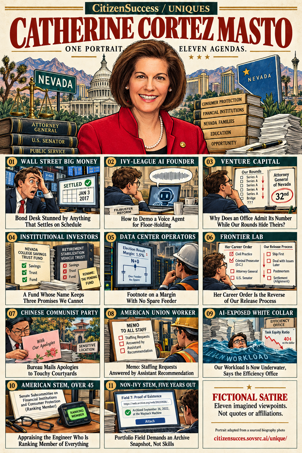 Satirical illustrated portrait of Catherine Cortez Masto with eleven numbered institutional and worker perspectives. The complete perspectives are provided as text below.