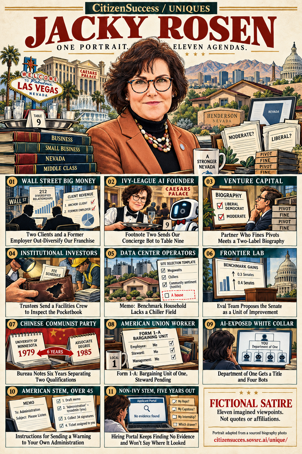 Satirical illustrated portrait of Jacky Rosen with eleven numbered institutional and worker perspectives. The complete perspectives are provided as text below.