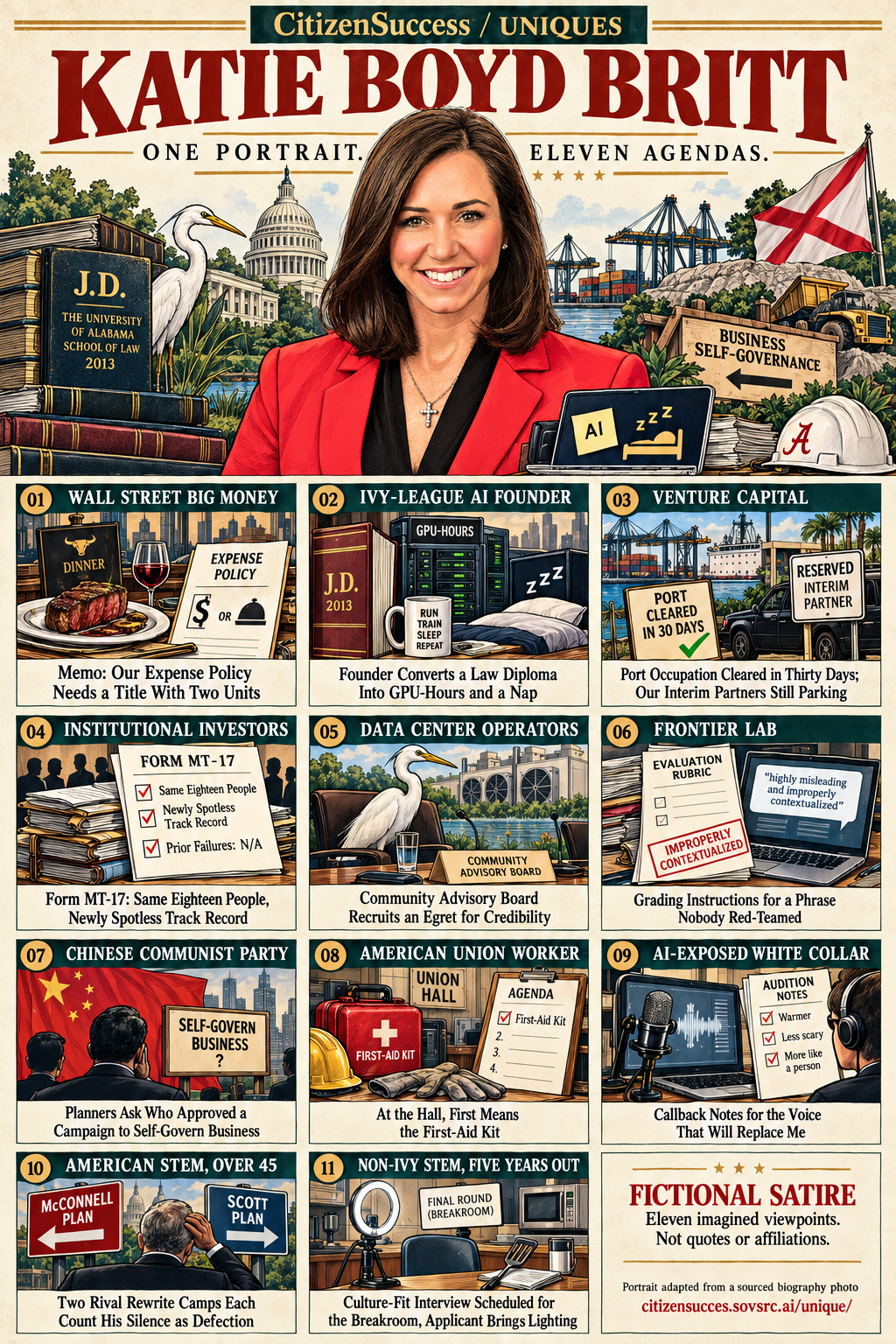 Satirical illustrated portrait of Katie Boyd Britt with eleven numbered institutional and worker perspectives. The complete perspectives are provided as text below.