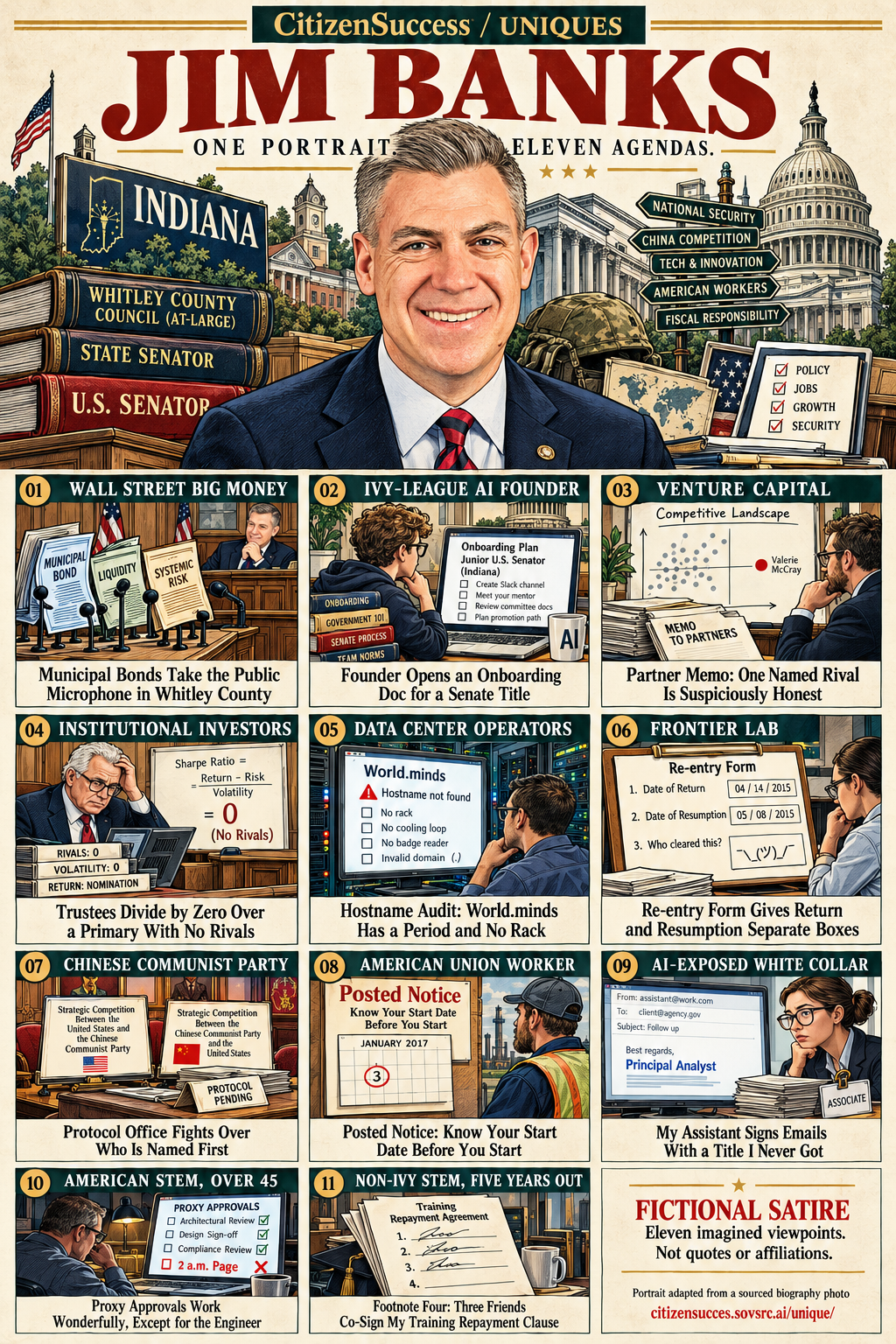 Satirical illustrated portrait of Jim Banks with eleven numbered institutional and worker perspectives. The complete perspectives are provided as text below.