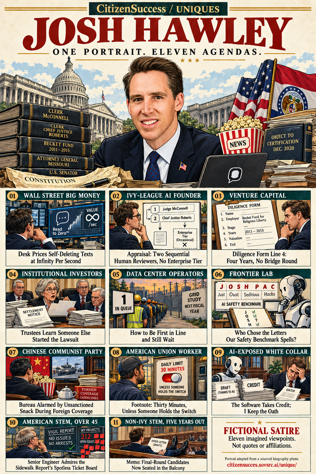 Satirical illustrated portrait of Josh Hawley with eleven numbered institutional and worker perspectives. The complete perspectives are provided as text below.