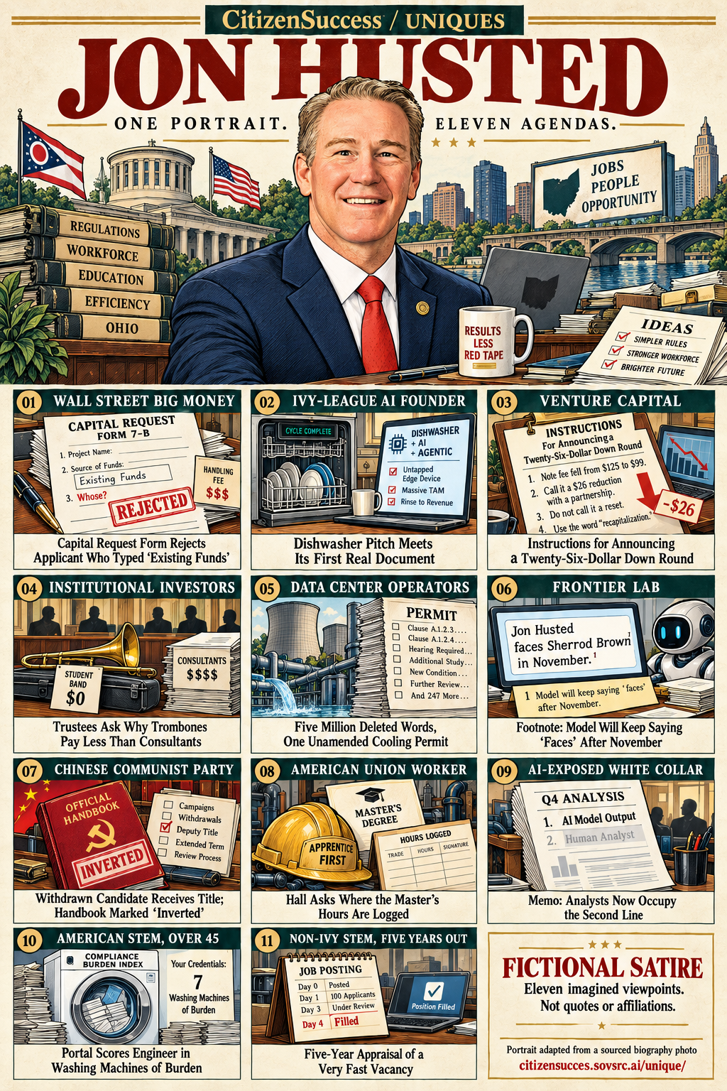 Satirical illustrated portrait of Jon Husted with eleven numbered institutional and worker perspectives. The complete perspectives are provided as text below.