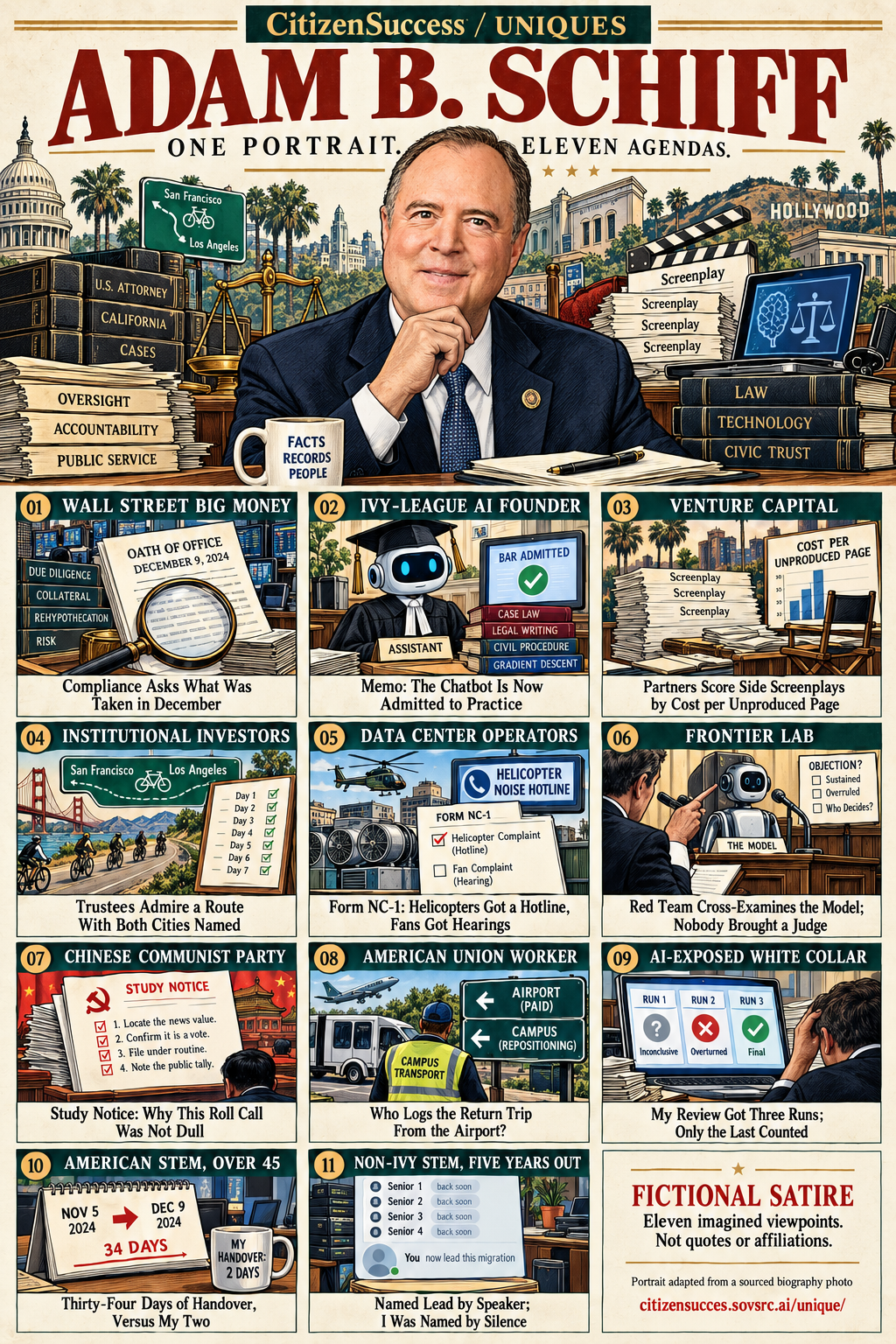 Satirical illustrated portrait of Adam B. Schiff with eleven numbered institutional and worker perspectives. The complete perspectives are provided as text below.