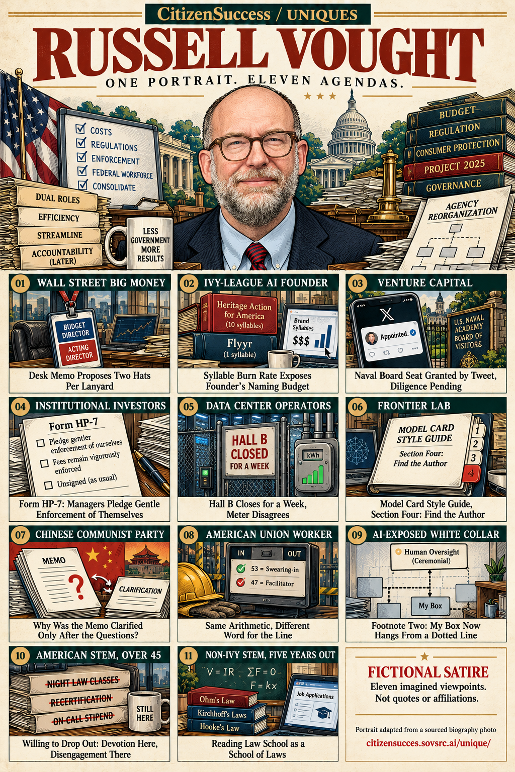 Satirical illustrated portrait of Russell Vought with eleven numbered institutional and worker perspectives. The complete perspectives are provided as text below.