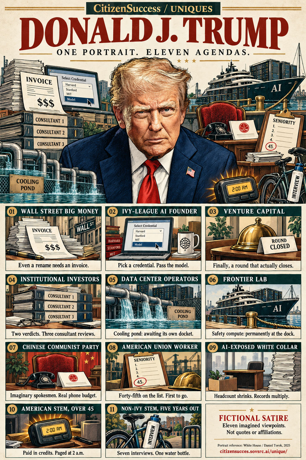Illustrated satirical portrait of Donald J. Trump surrounded by eleven numbered viewpoints, including financiers, AI founders, investors, data center operators, researchers, a party bureaucracy and workers. The complete perspectives are available as text below.