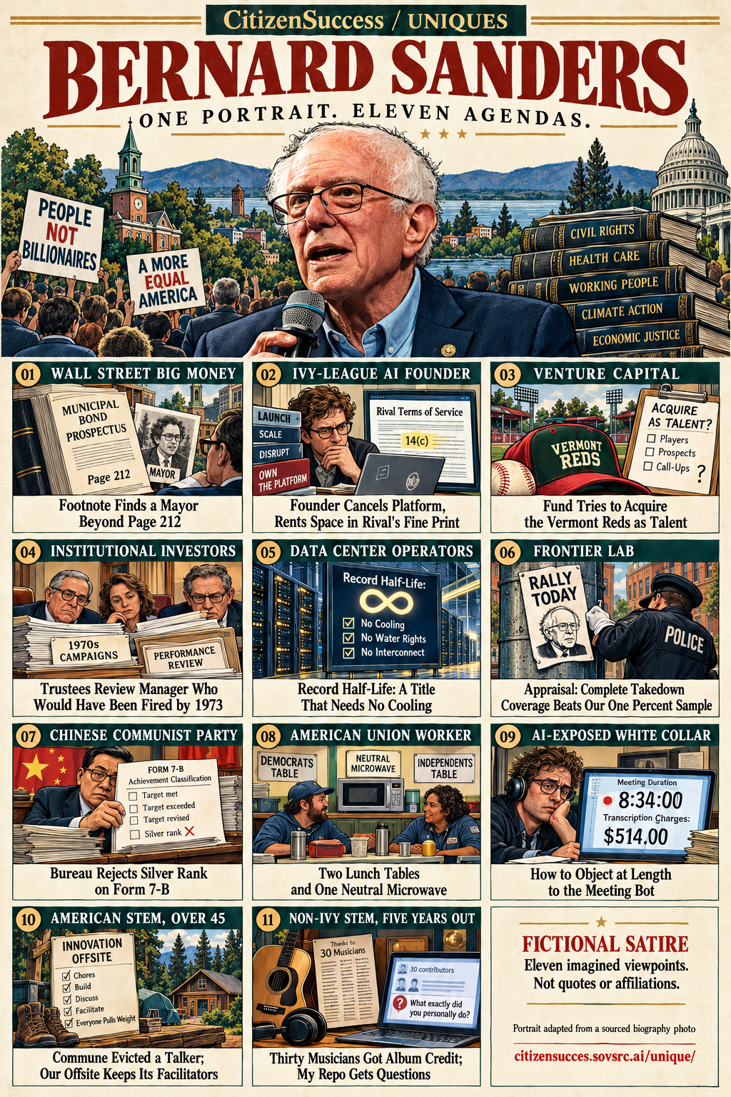 Satirical illustrated portrait of Bernard Sanders with eleven numbered institutional and worker perspectives. The complete perspectives are provided as text below.