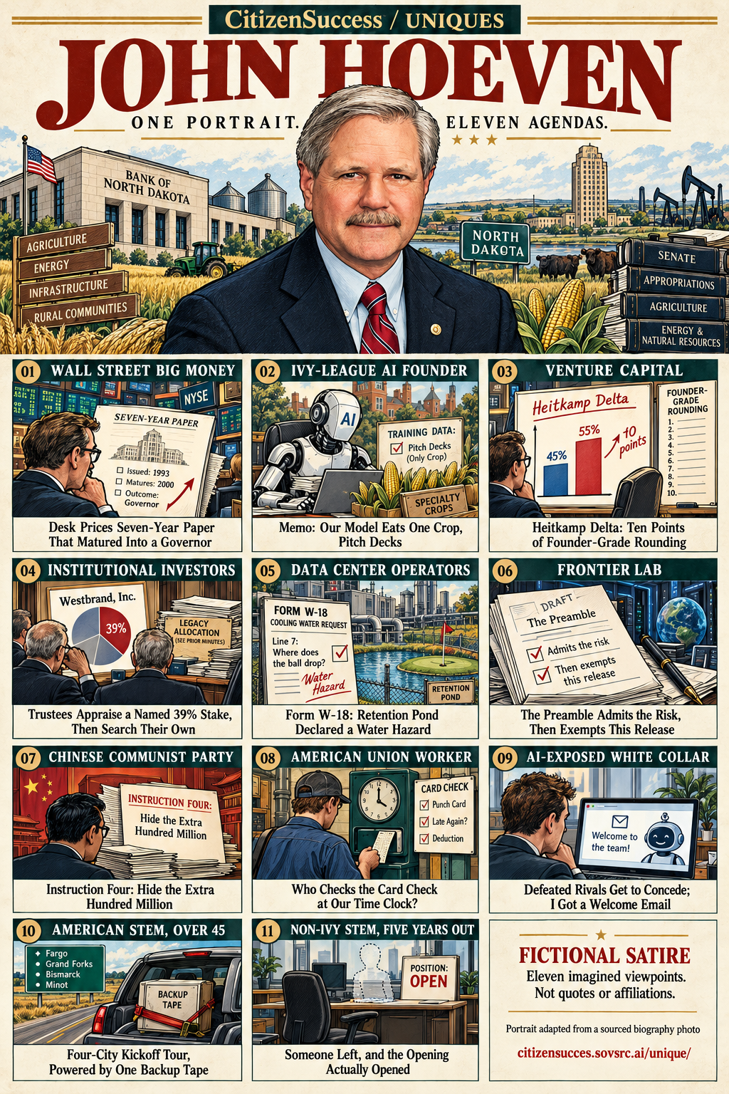 Satirical illustrated portrait of John Hoeven with eleven numbered institutional and worker perspectives. The complete perspectives are provided as text below.