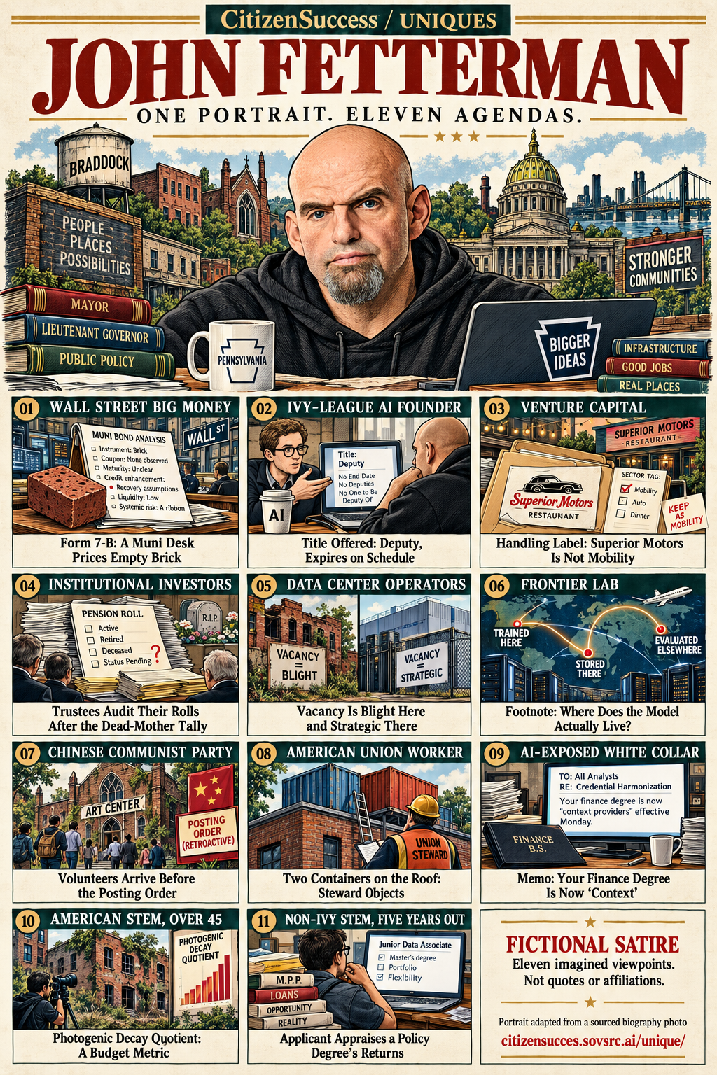 Satirical illustrated portrait of John Fetterman with eleven numbered institutional and worker perspectives. The complete perspectives are provided as text below.