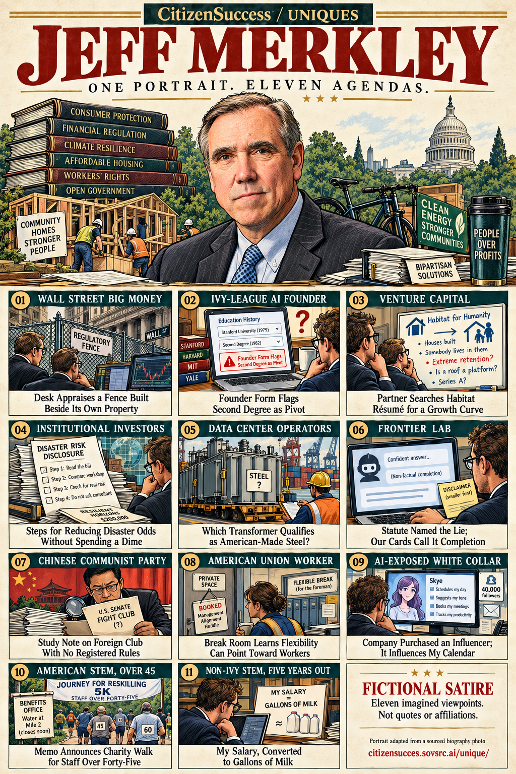 Satirical illustrated portrait of Jeff Merkley with eleven numbered institutional and worker perspectives. The complete perspectives are provided as text below.
