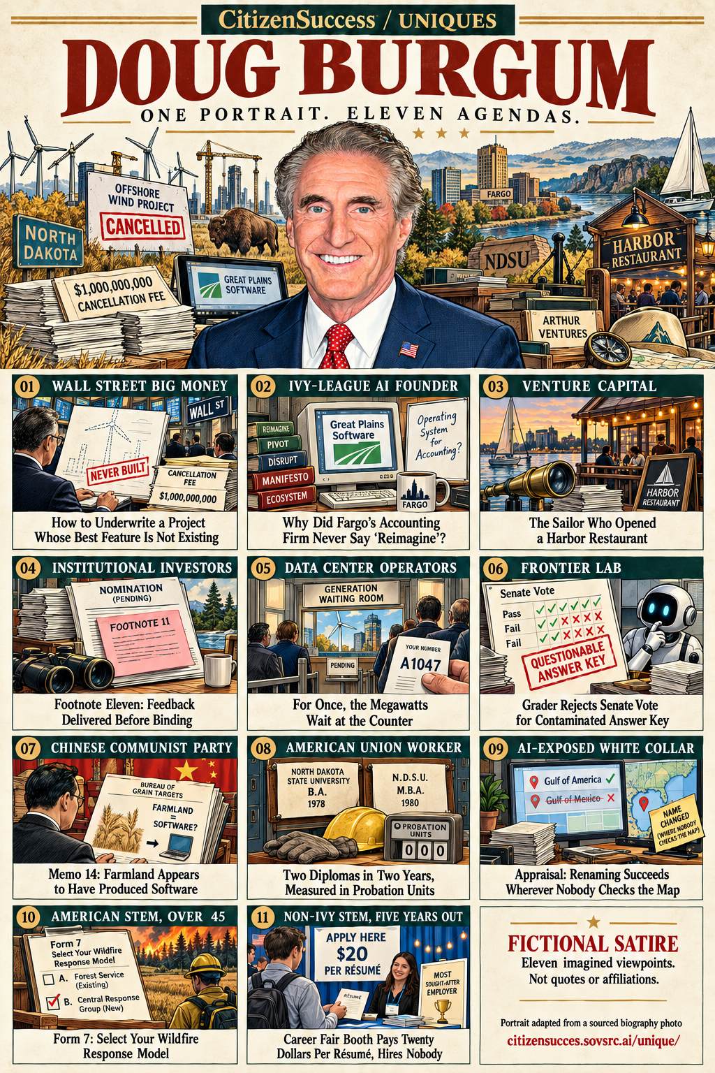 Satirical illustrated portrait of Doug Burgum with eleven numbered institutional and worker perspectives. The complete perspectives are provided as text below.