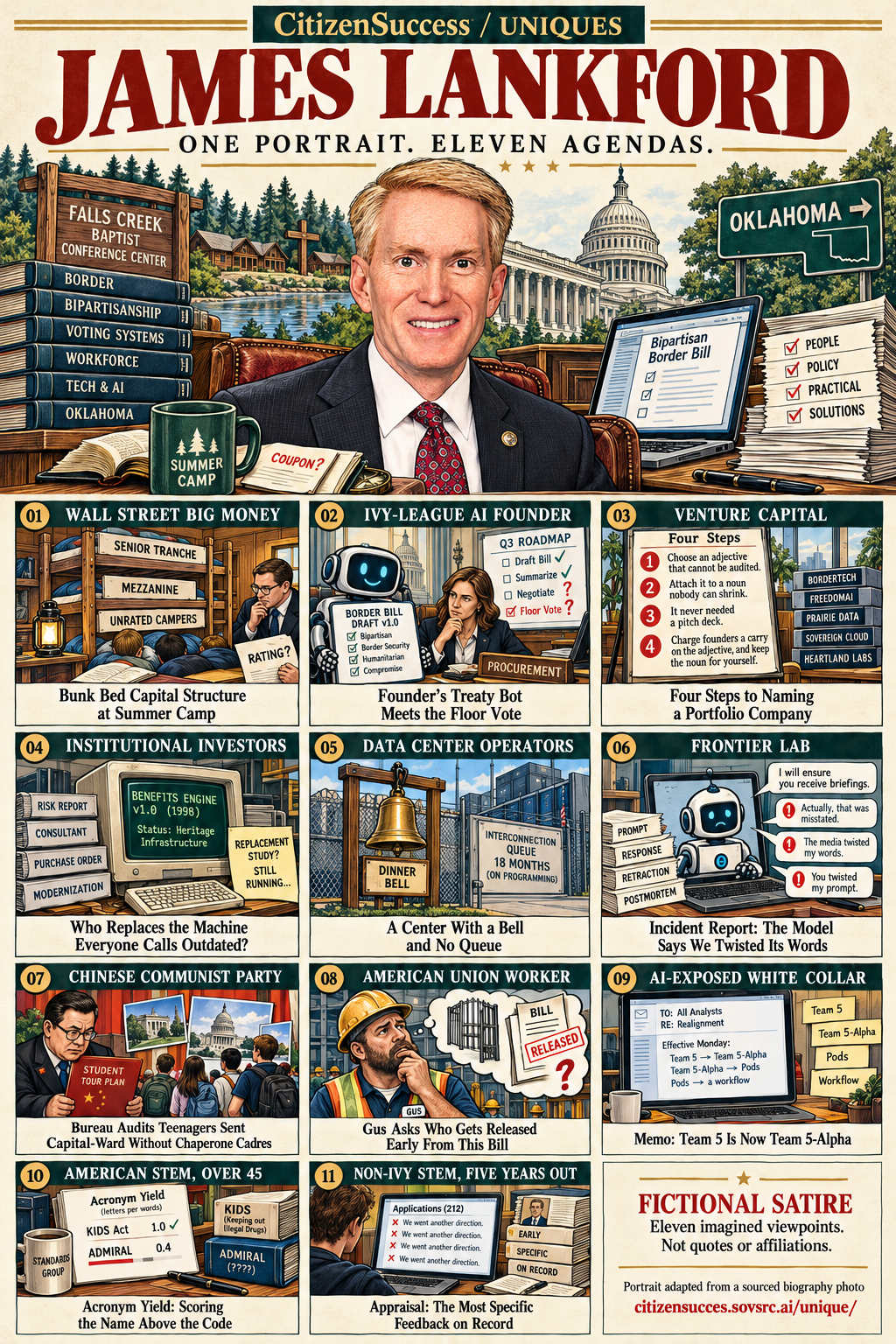 Satirical illustrated portrait of James Lankford with eleven numbered institutional and worker perspectives. The complete perspectives are provided as text below.