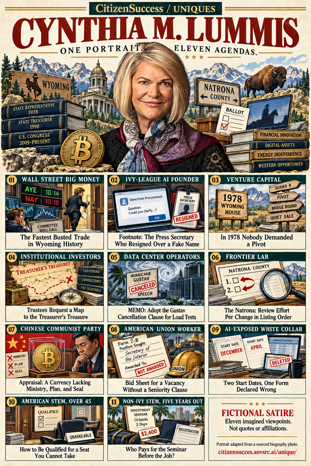 Satirical illustrated portrait of Cynthia M. Lummis with eleven numbered institutional and worker perspectives. The complete perspectives are provided as text below.