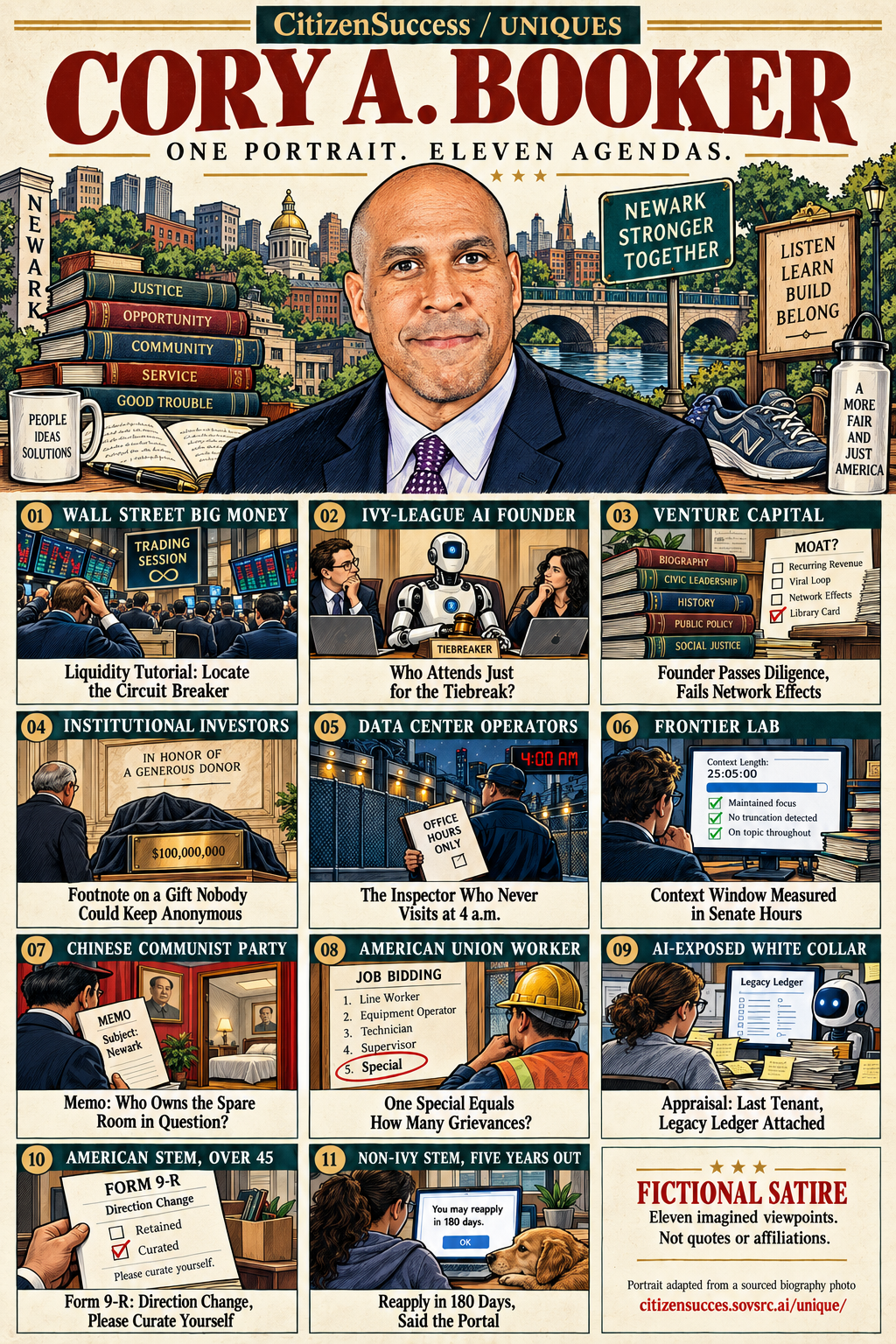 Satirical illustrated portrait of Cory A. Booker with eleven numbered institutional and worker perspectives. The complete perspectives are provided as text below.