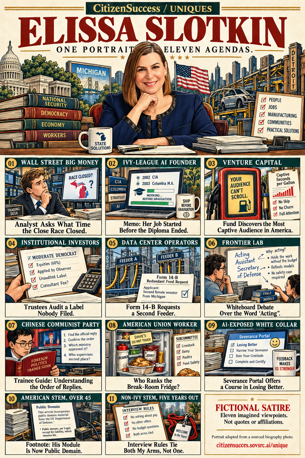 Satirical illustrated portrait of Elissa Slotkin with eleven numbered institutional and worker perspectives. The complete perspectives are provided as text below.