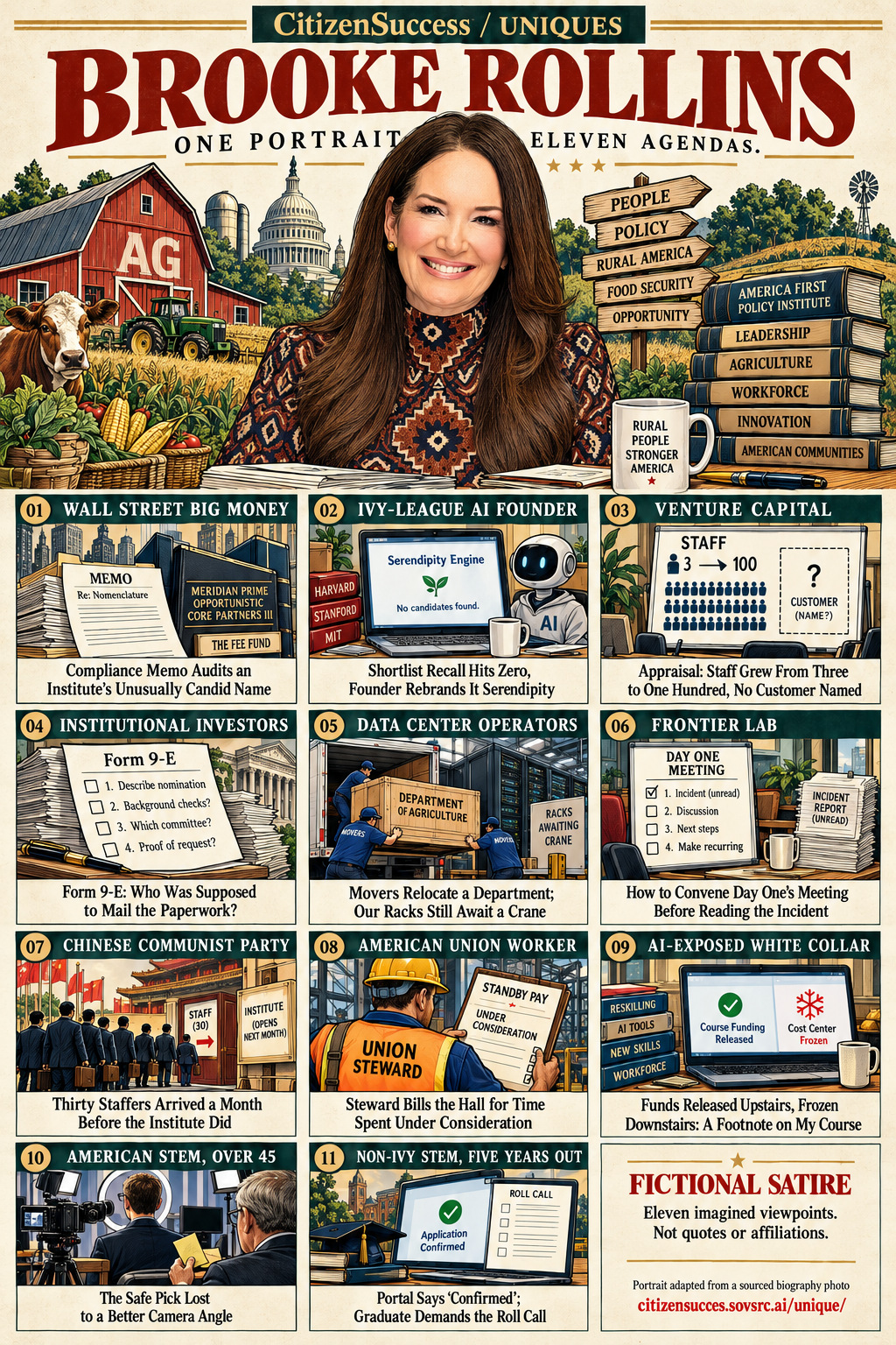 Satirical illustrated portrait of Brooke Rollins with eleven numbered institutional and worker perspectives. The complete perspectives are provided as text below.