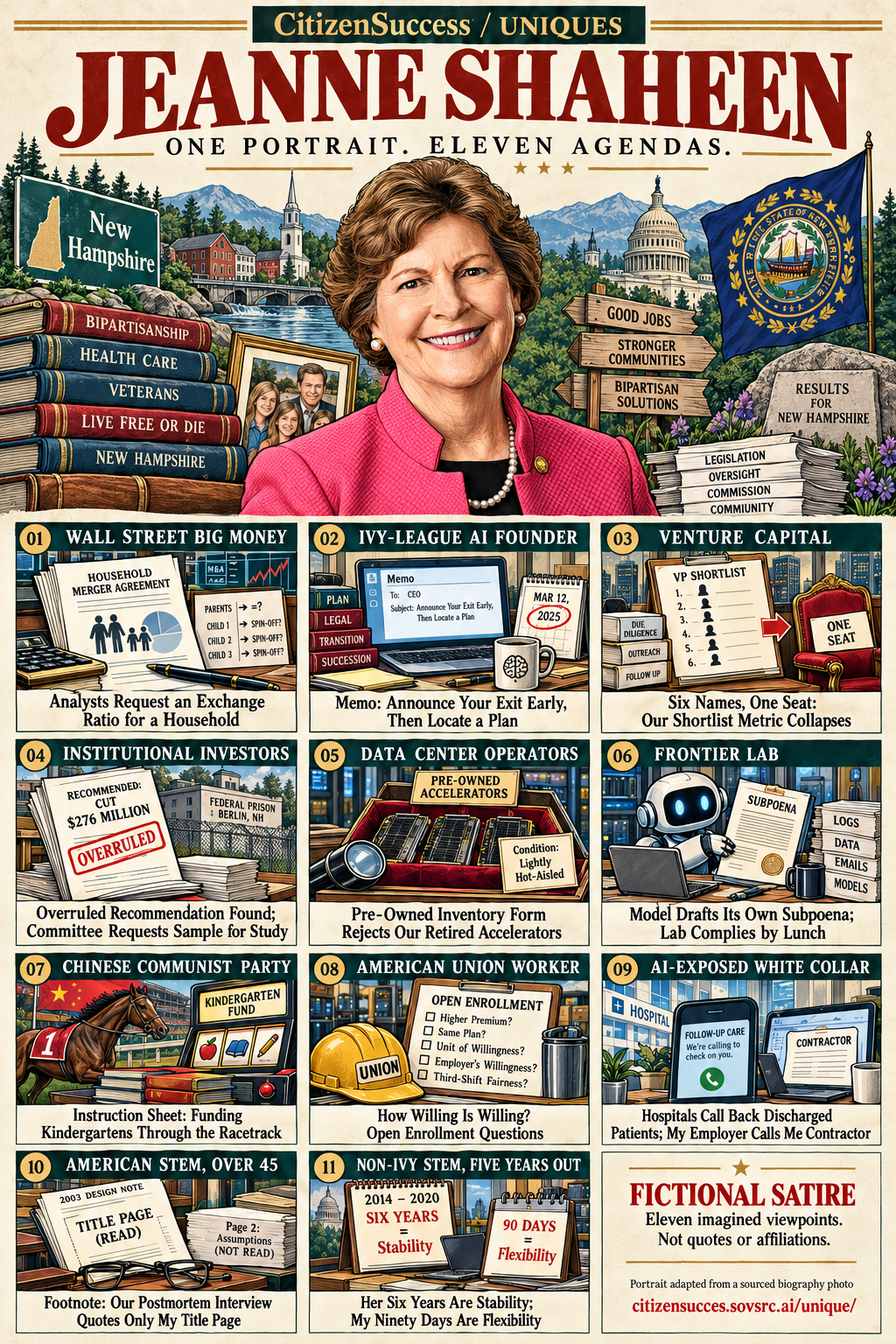 Satirical illustrated portrait of Jeanne Shaheen with eleven numbered institutional and worker perspectives. The complete perspectives are provided as text below.