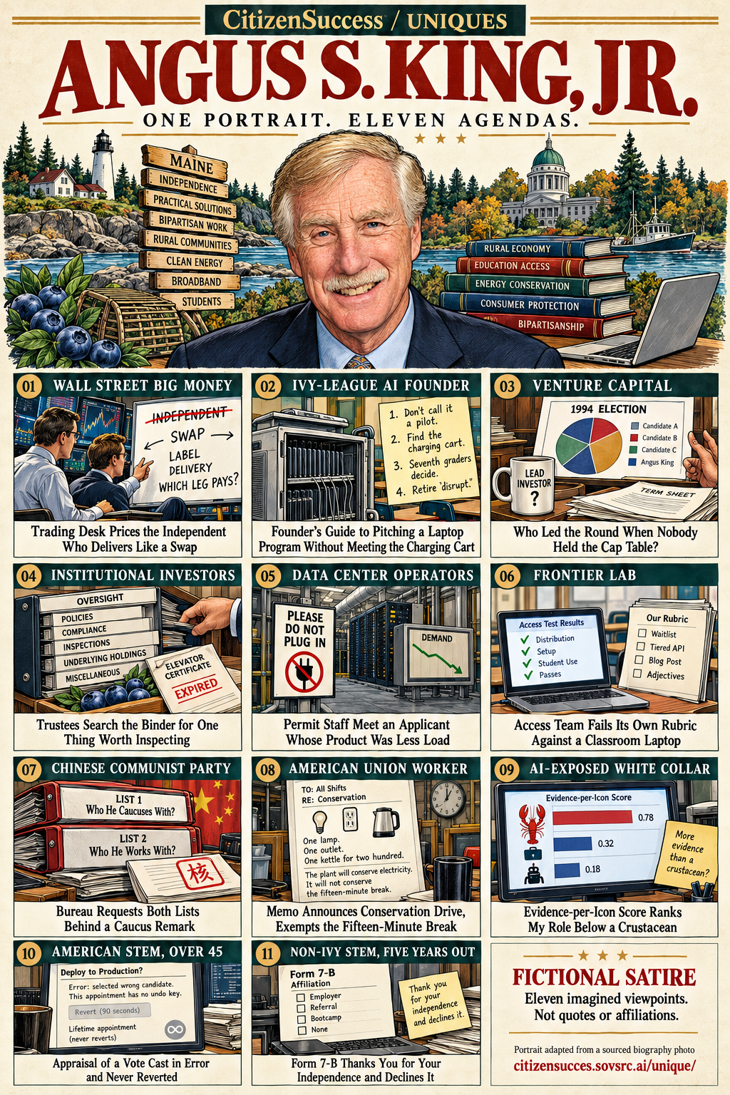 Satirical illustrated portrait of Angus S. King, Jr. with eleven numbered institutional and worker perspectives. The complete perspectives are provided as text below.