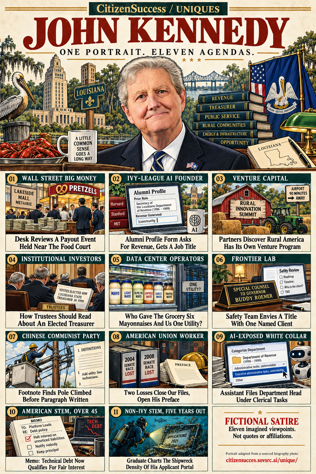 Satirical illustrated portrait of John Kennedy with eleven numbered institutional and worker perspectives. The complete perspectives are provided as text below.