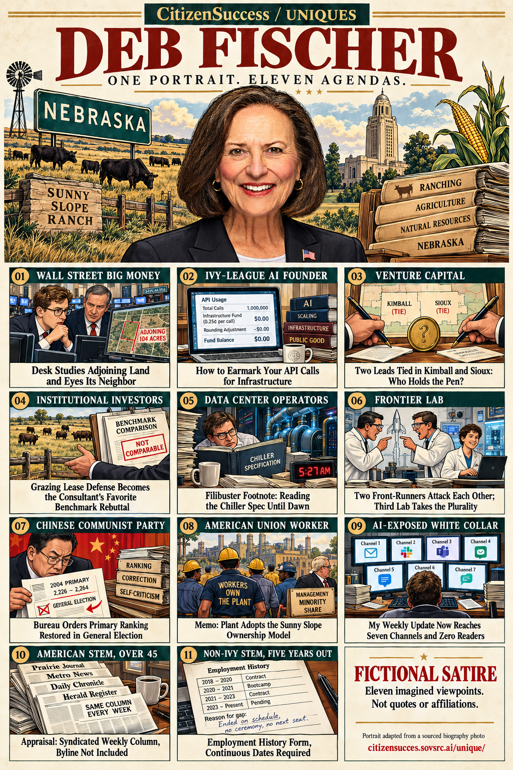 Satirical illustrated portrait of Deb Fischer with eleven numbered institutional and worker perspectives. The complete perspectives are provided as text below.