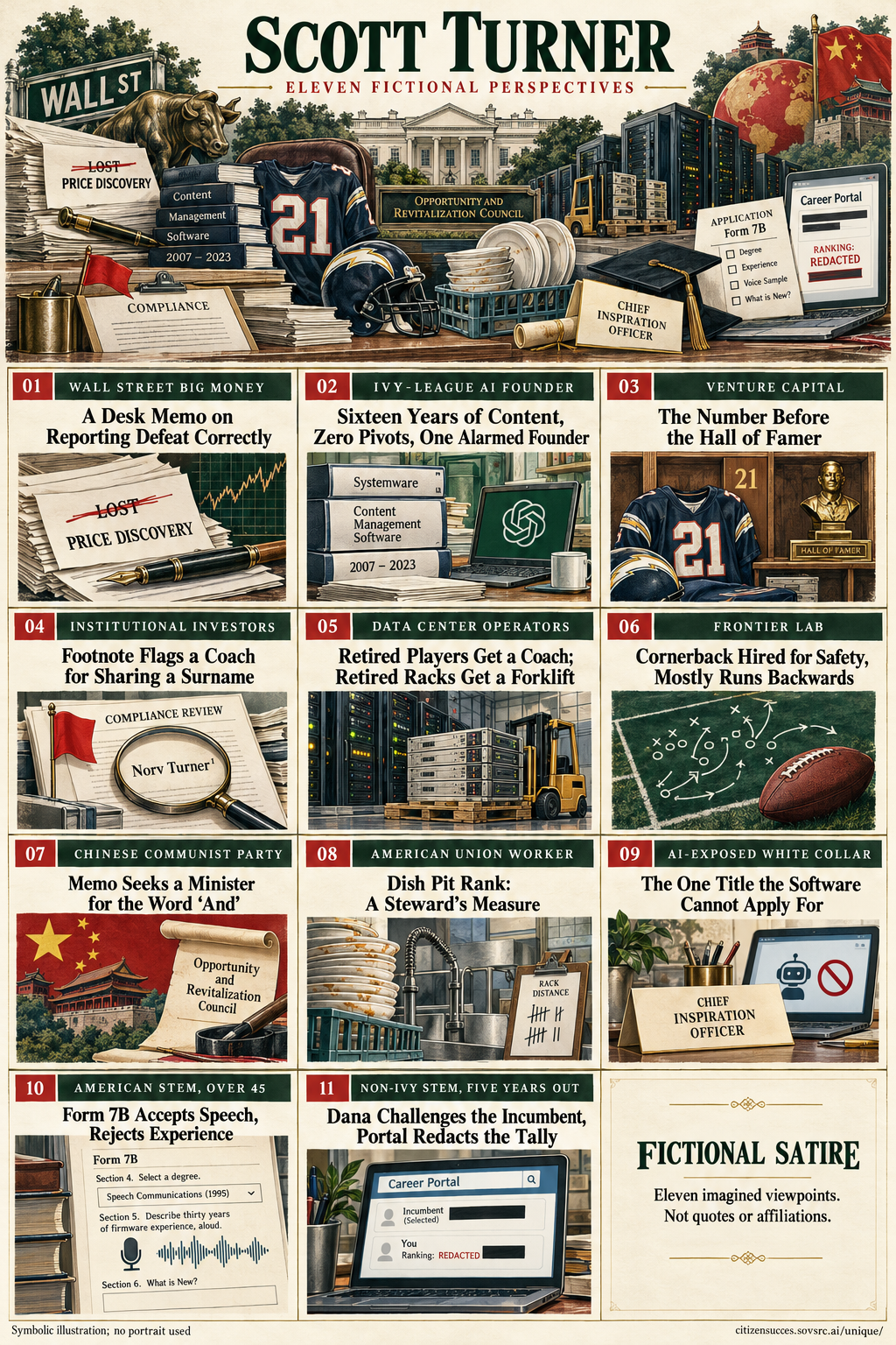 Satirical symbolic infographic for Scott Turner with eleven numbered institutional and worker perspectives. The complete perspectives are provided as text below.