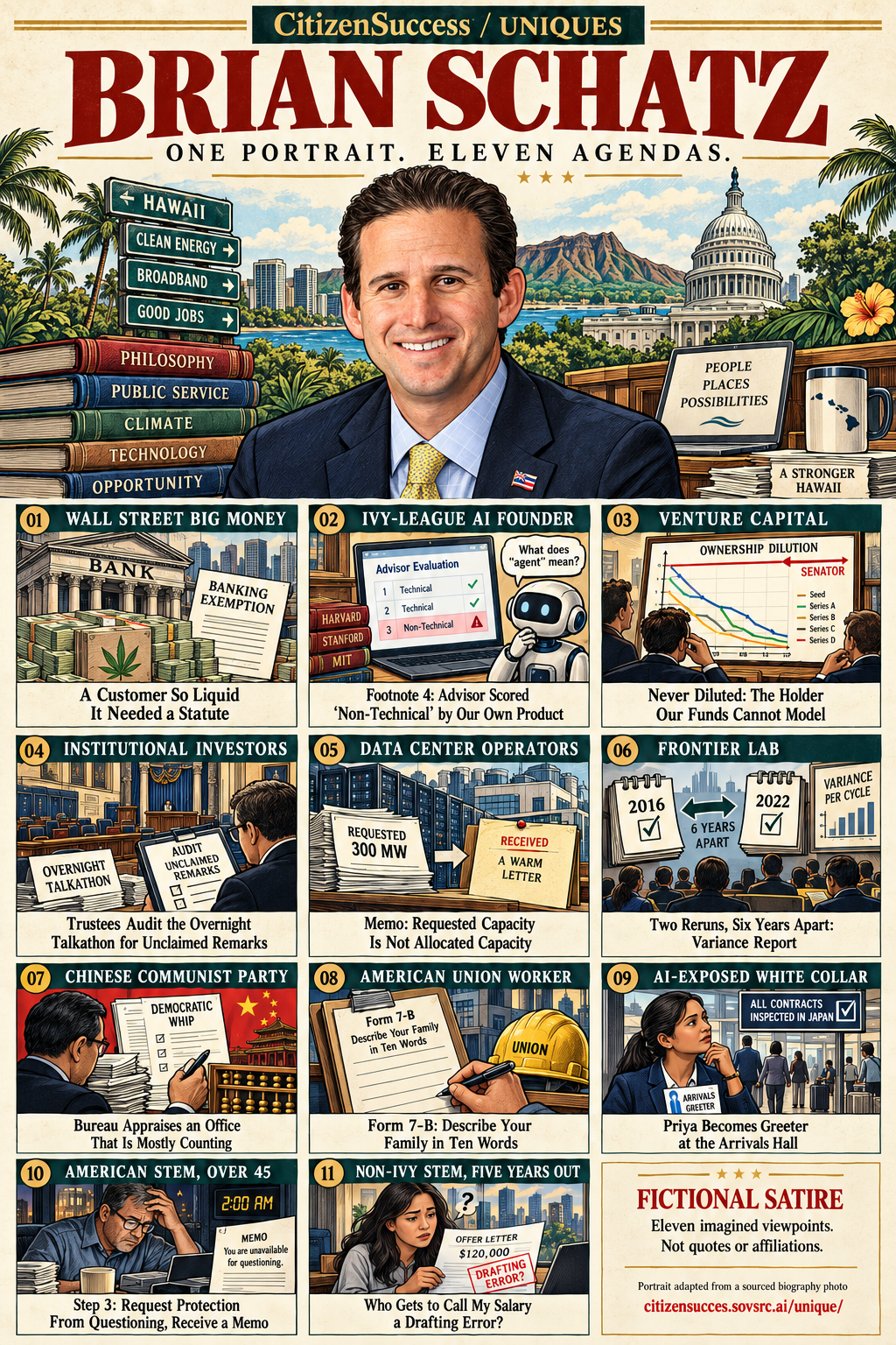 Satirical illustrated portrait of Brian Schatz with eleven numbered institutional and worker perspectives. The complete perspectives are provided as text below.