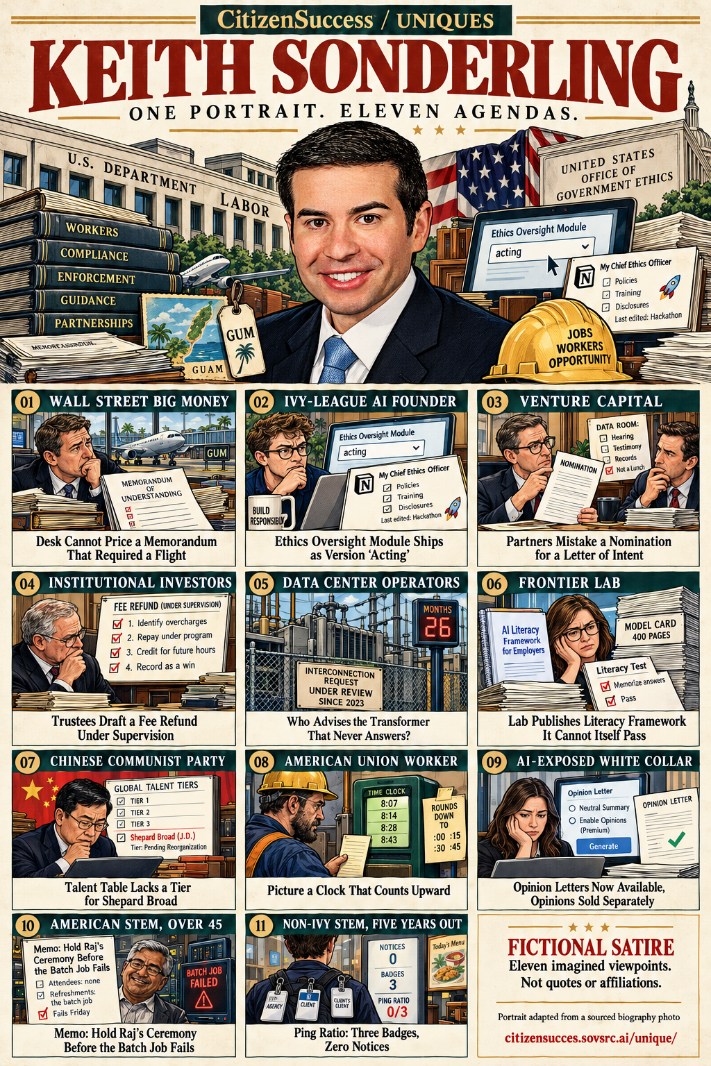 Satirical illustrated portrait of Keith Sonderling with eleven numbered institutional and worker perspectives. The complete perspectives are provided as text below.