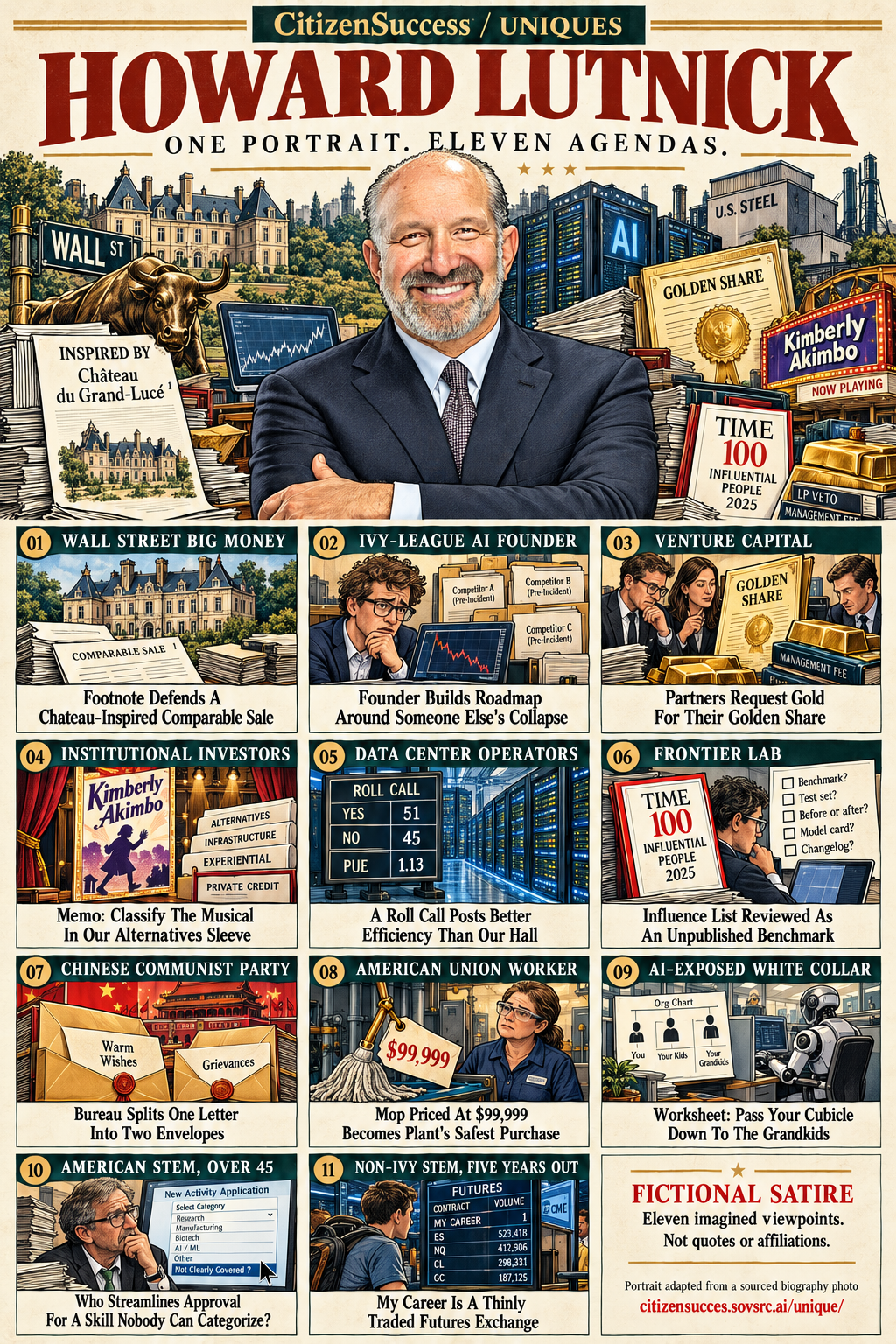 Satirical illustrated portrait of Howard Lutnick with eleven numbered institutional and worker perspectives. The complete perspectives are provided as text below.
