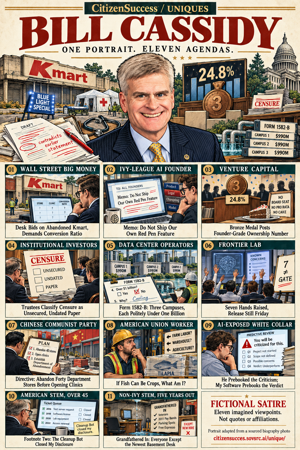 Satirical illustrated portrait of Bill Cassidy with eleven numbered institutional and worker perspectives. The complete perspectives are provided as text below.