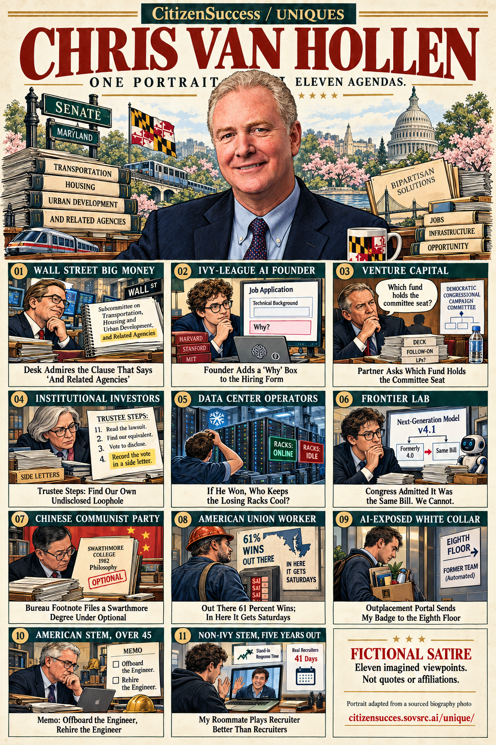 Satirical illustrated portrait of Chris Van Hollen with eleven numbered institutional and worker perspectives. The complete perspectives are provided as text below.