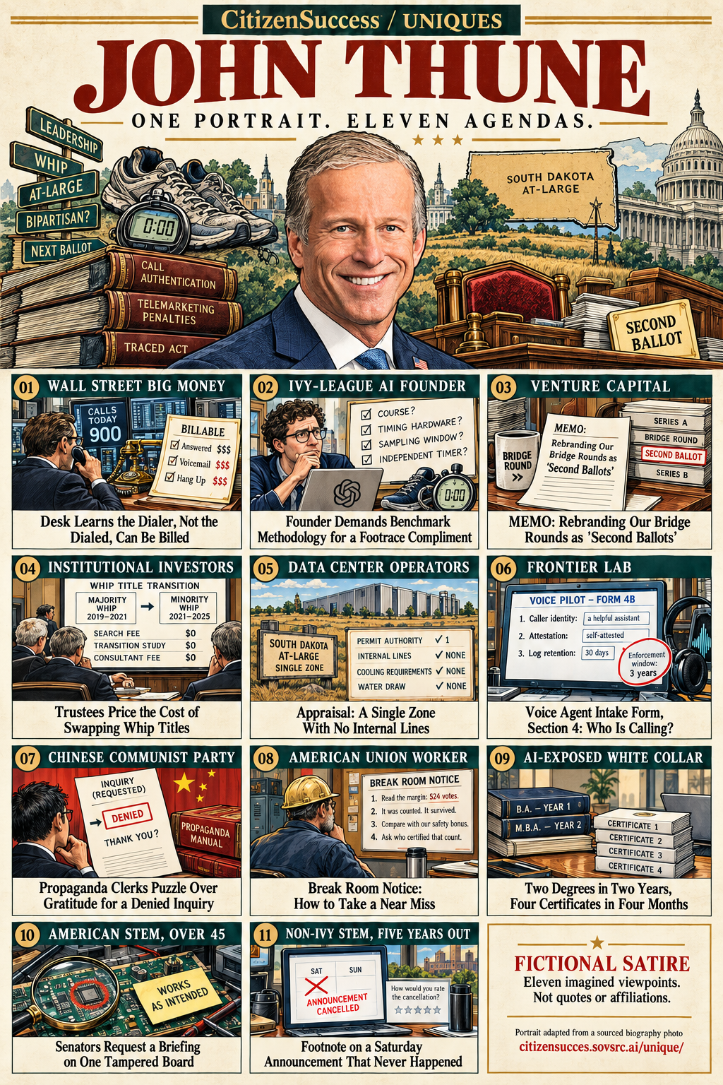 Satirical illustrated portrait of John Thune with eleven numbered institutional and worker perspectives. The complete perspectives are provided as text below.
