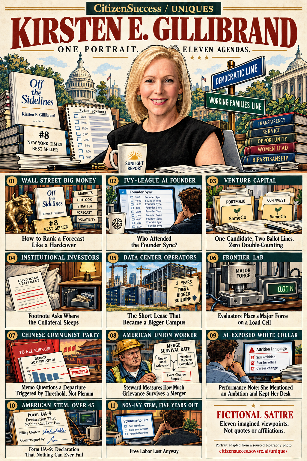 Satirical illustrated portrait of Kirsten E. Gillibrand with eleven numbered institutional and worker perspectives. The complete perspectives are provided as text below.