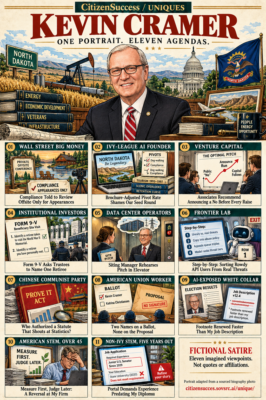 Satirical illustrated portrait of Kevin Cramer with eleven numbered institutional and worker perspectives. The complete perspectives are provided as text below.